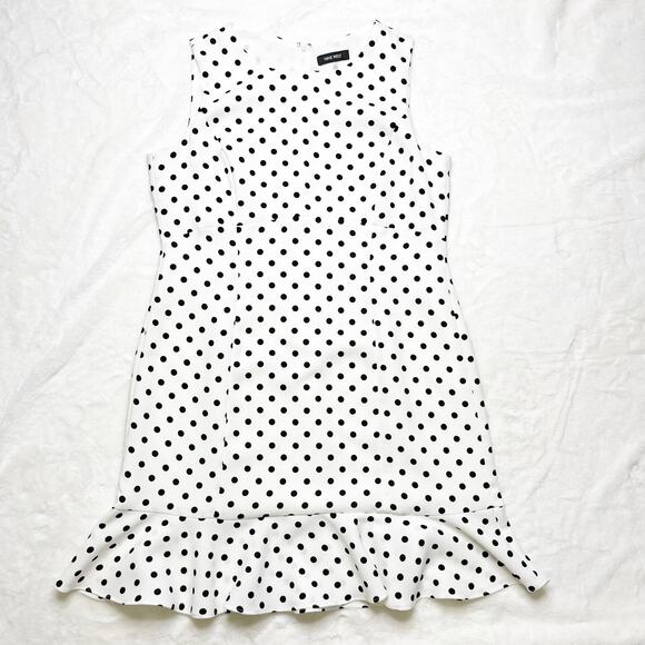 NEW NINE WEST White with Black Polka Dots Fitted Ruffled Sun Dress NWT size 14 - Picture 3 of 11